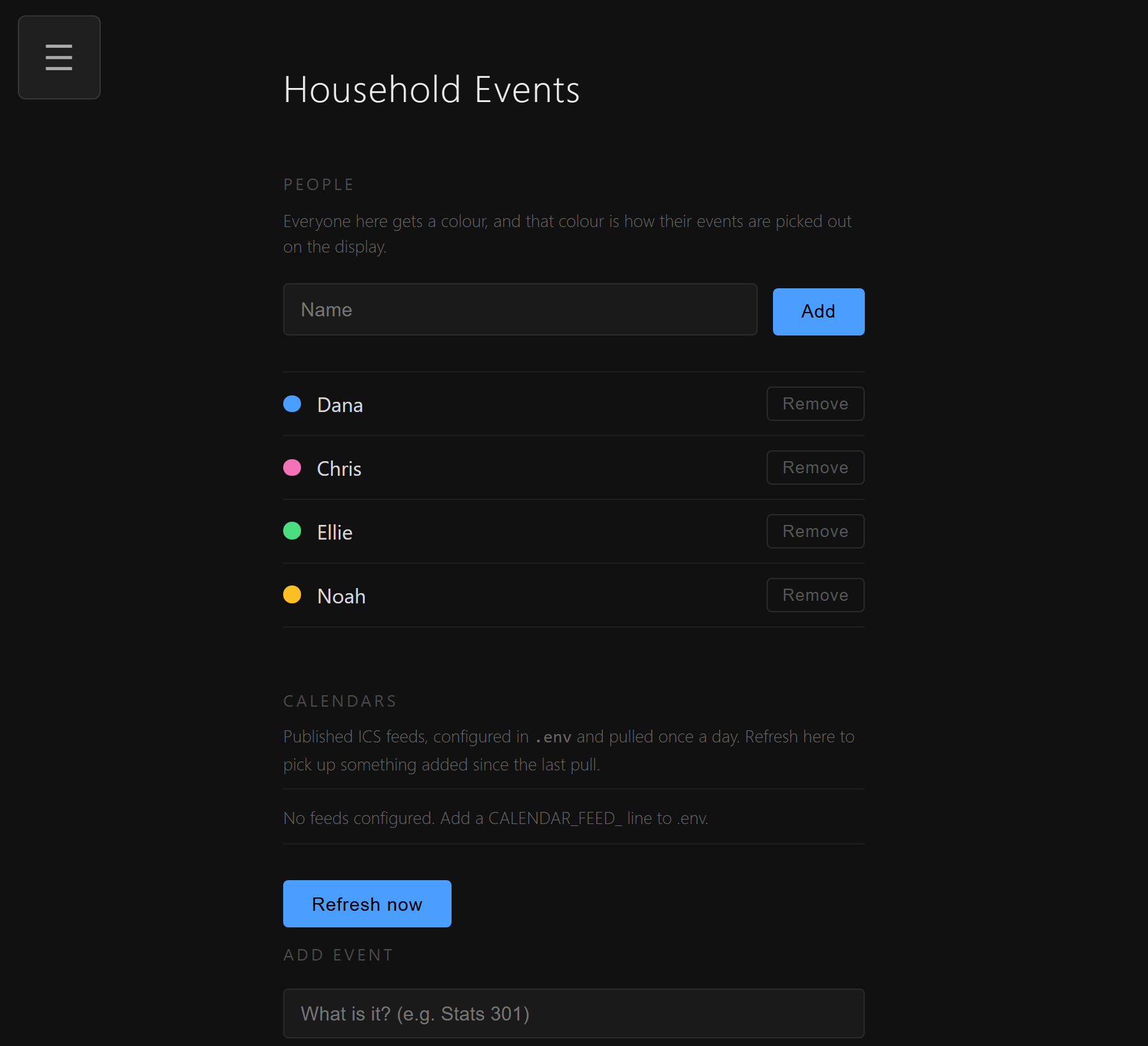 The manage events page showing household members and their colours